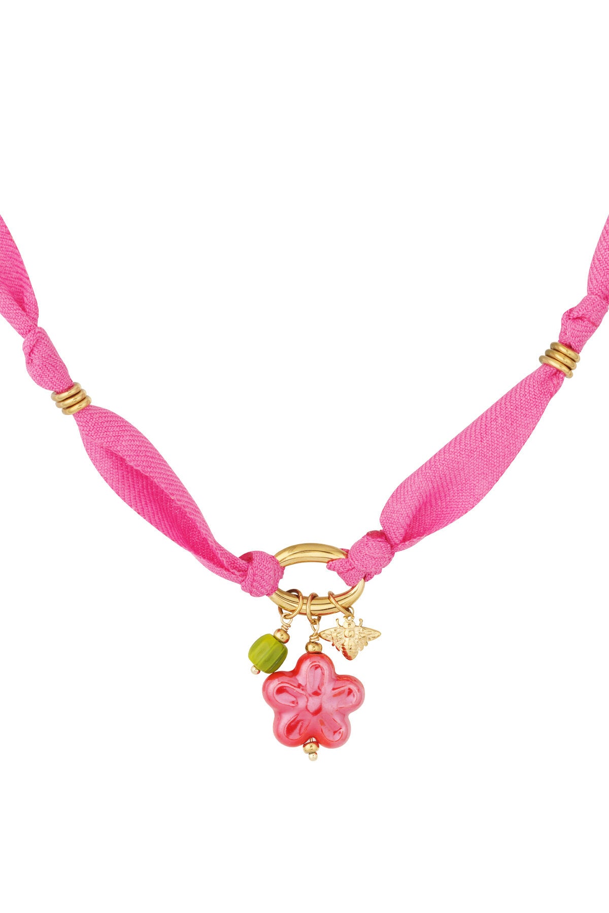 Fuchsiarosa textilhalsband med blomhänge och guldfärgade detaljer