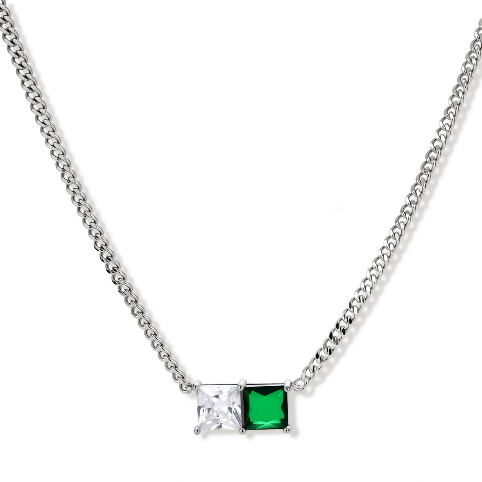 Modern square-cut cubic zirconia jewelry set with white gold plated chain, featuring emerald green or golden yellow stones.