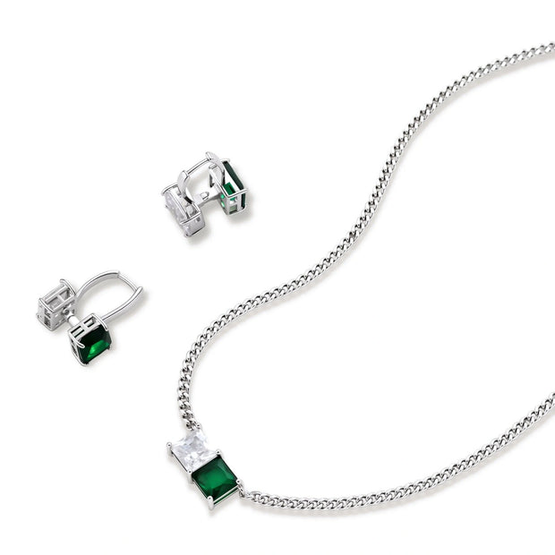 Modern square-cut cubic zirconia jewelry set with white gold plated chain, featuring emerald green or golden yellow stones.
