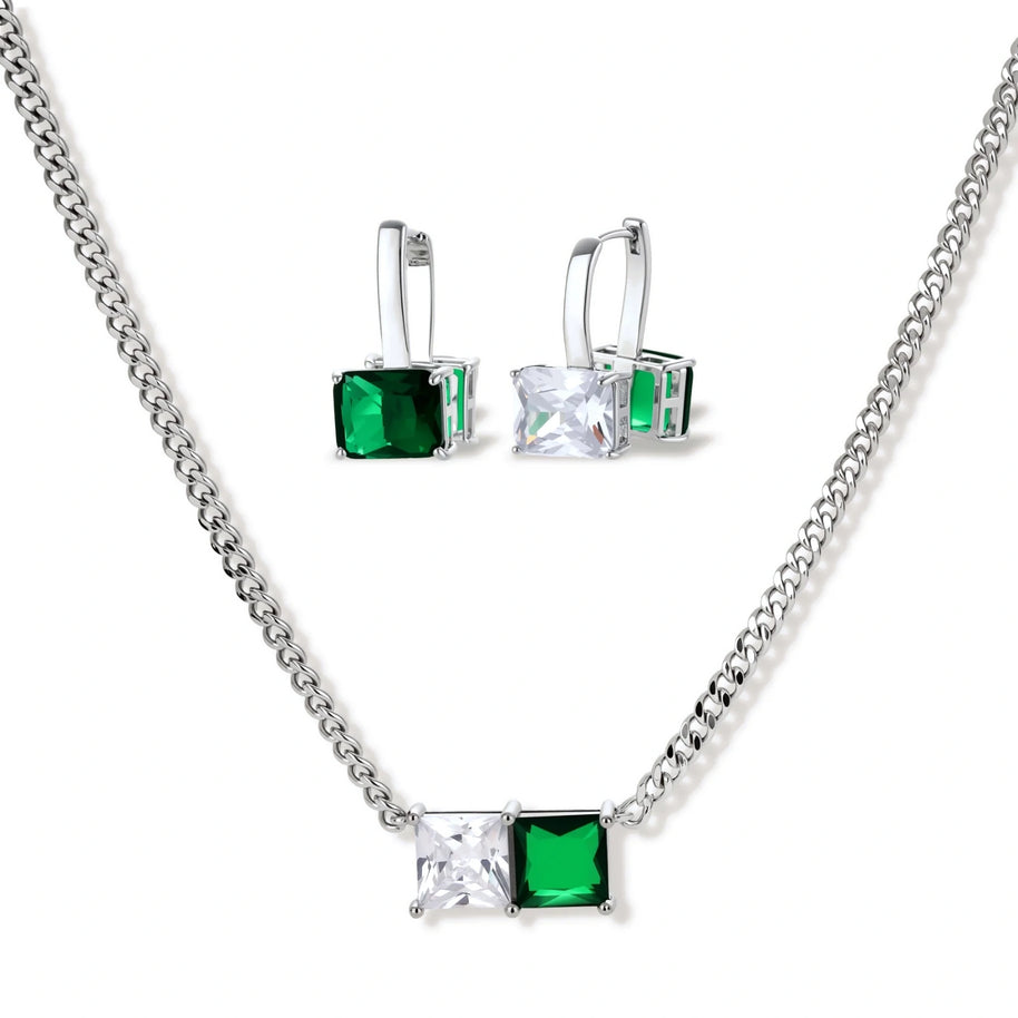 Modern square-cut cubic zirconia jewelry set with white gold plated chain, featuring emerald green or golden yellow stones.