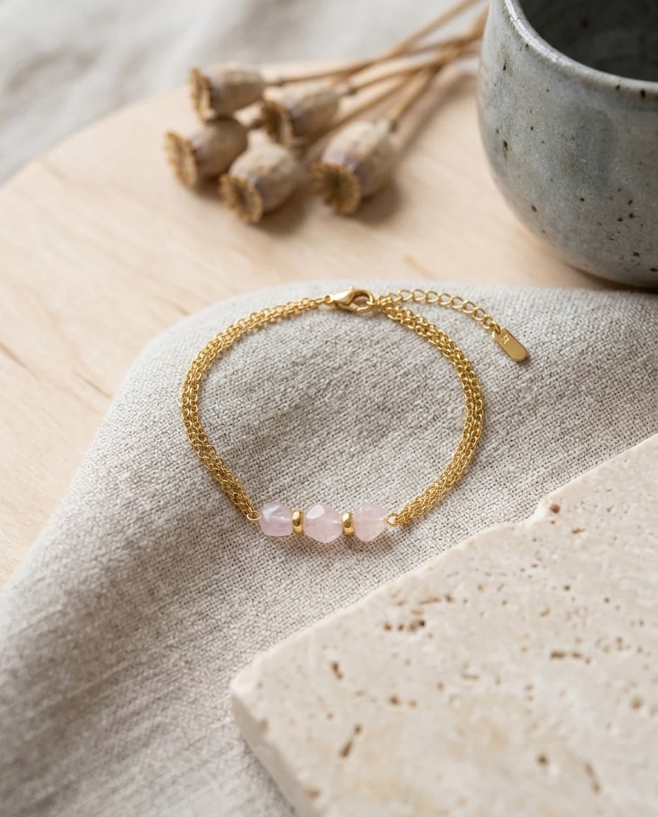 Armband med ljus ametist utlagt på naturfärgad textil