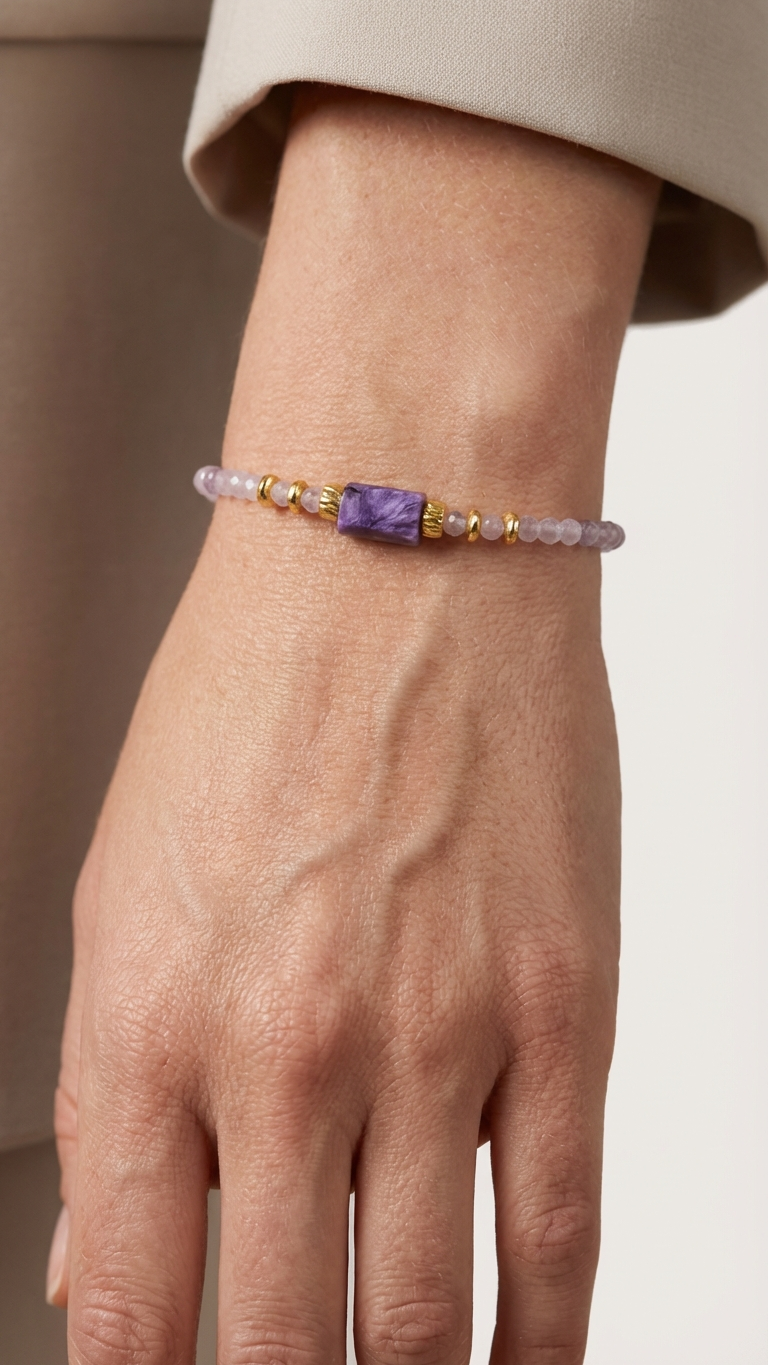 Armband med lila stenar buren på handled