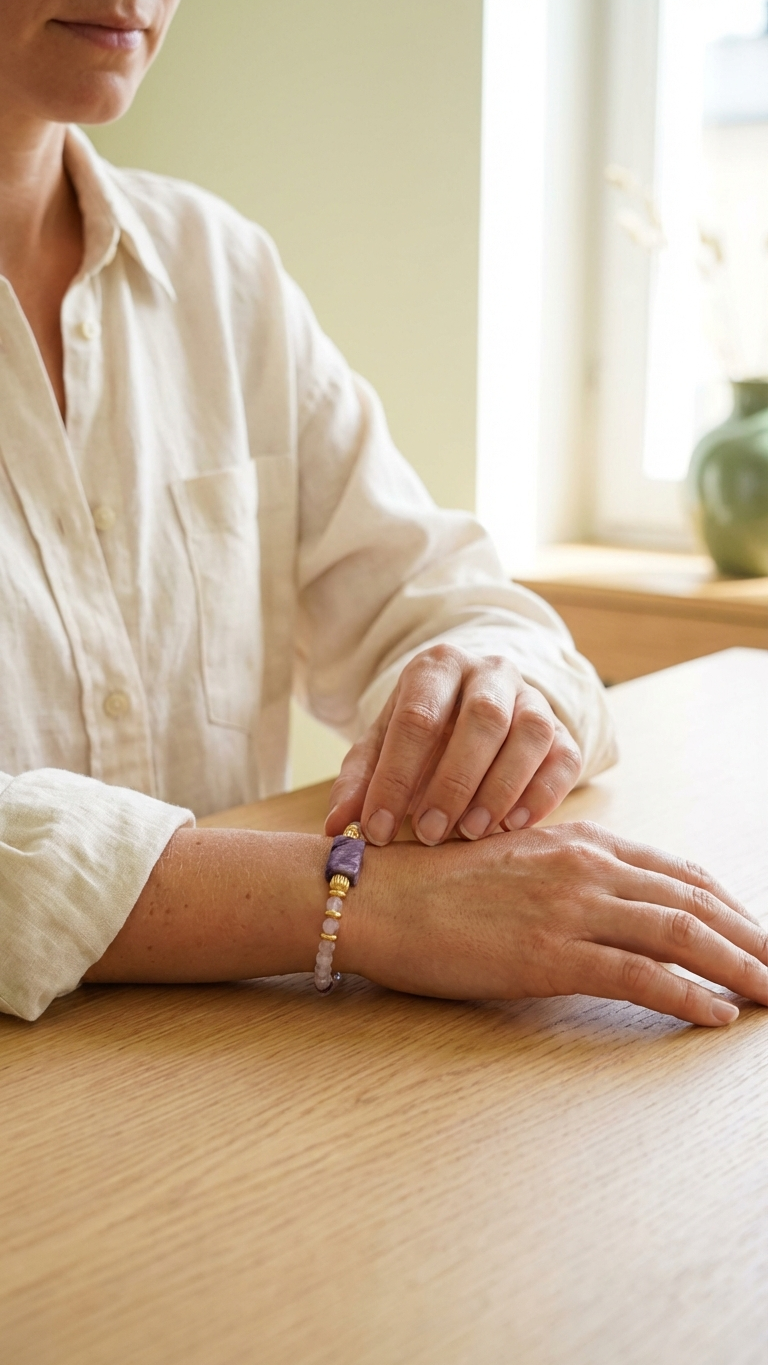 Kvinna som bär ametrin- och charoitarmband vid ett bord