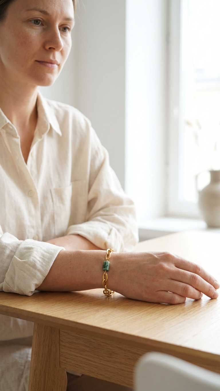 Kvinna som bär fuchsitarmband vid ett ljust bord