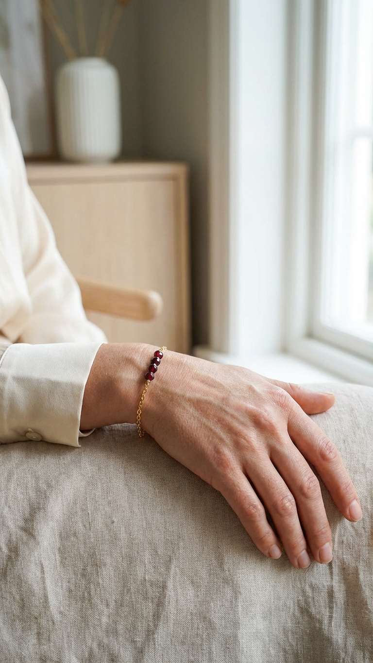 Kvinna som bär nätt armband med granat vid ett fönster