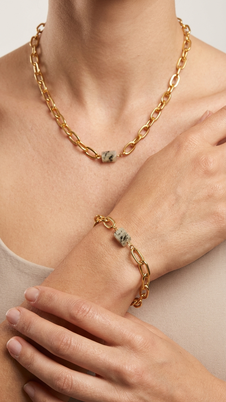 Kvinna som bär prehnitarmband och matchande guldfärgat halsband