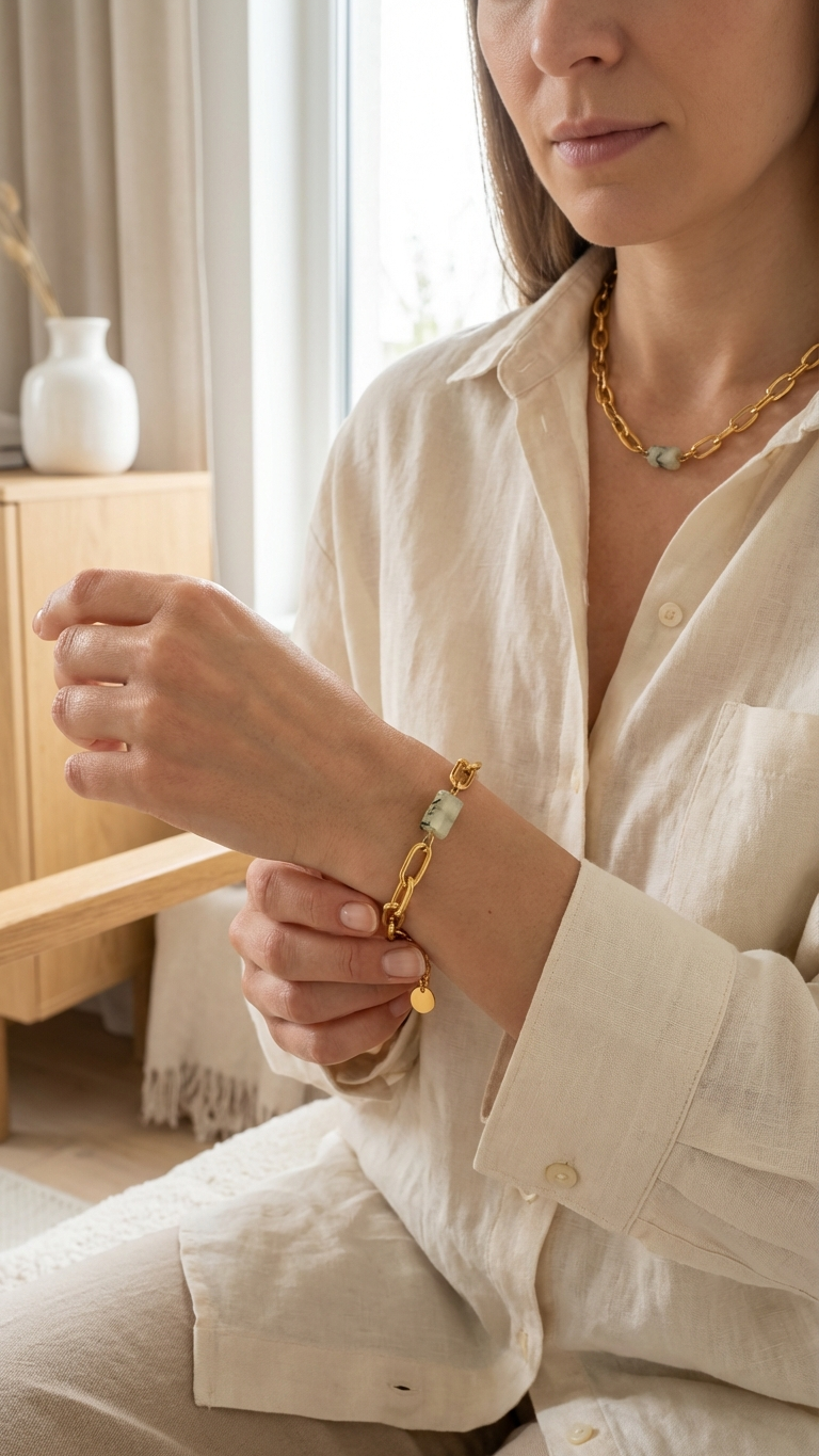 Kvinna som fäster armband med ljusgrön prehnit