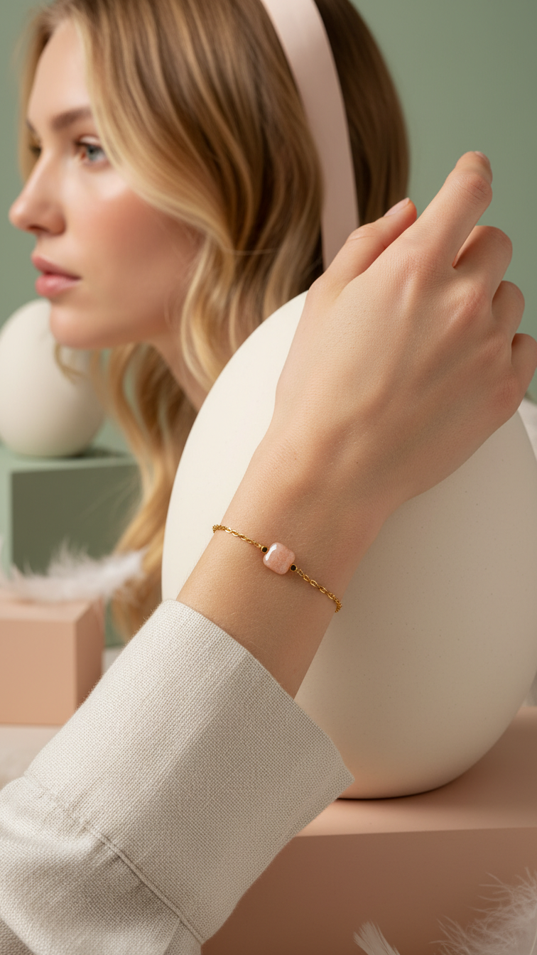 Kvinna som bär nätt armband med solsten och vit skjorta