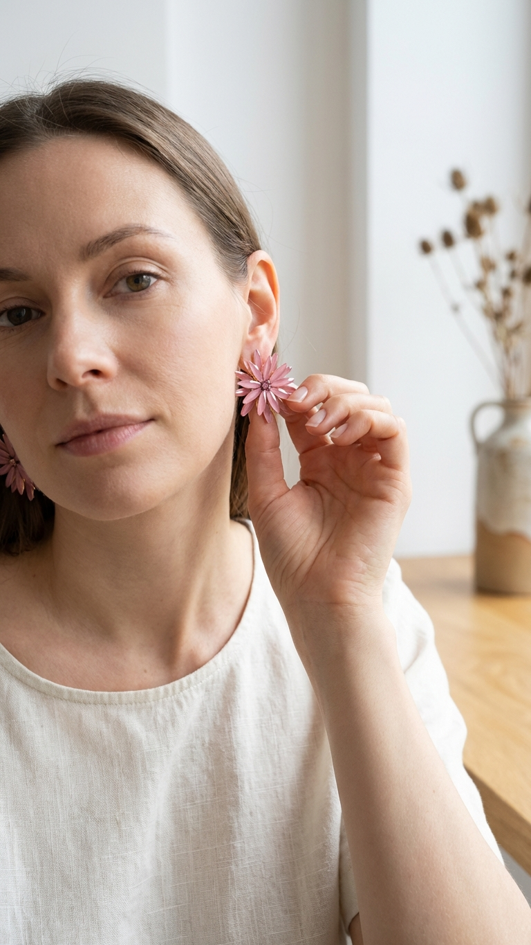 Modell som visar ett rosétonat blomörhänge vid örat