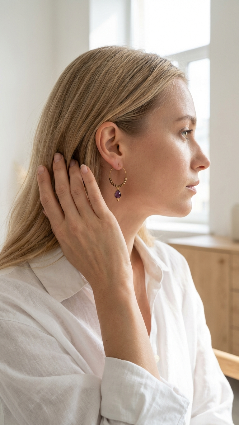 Kvinna som bär creoler med violett ametist