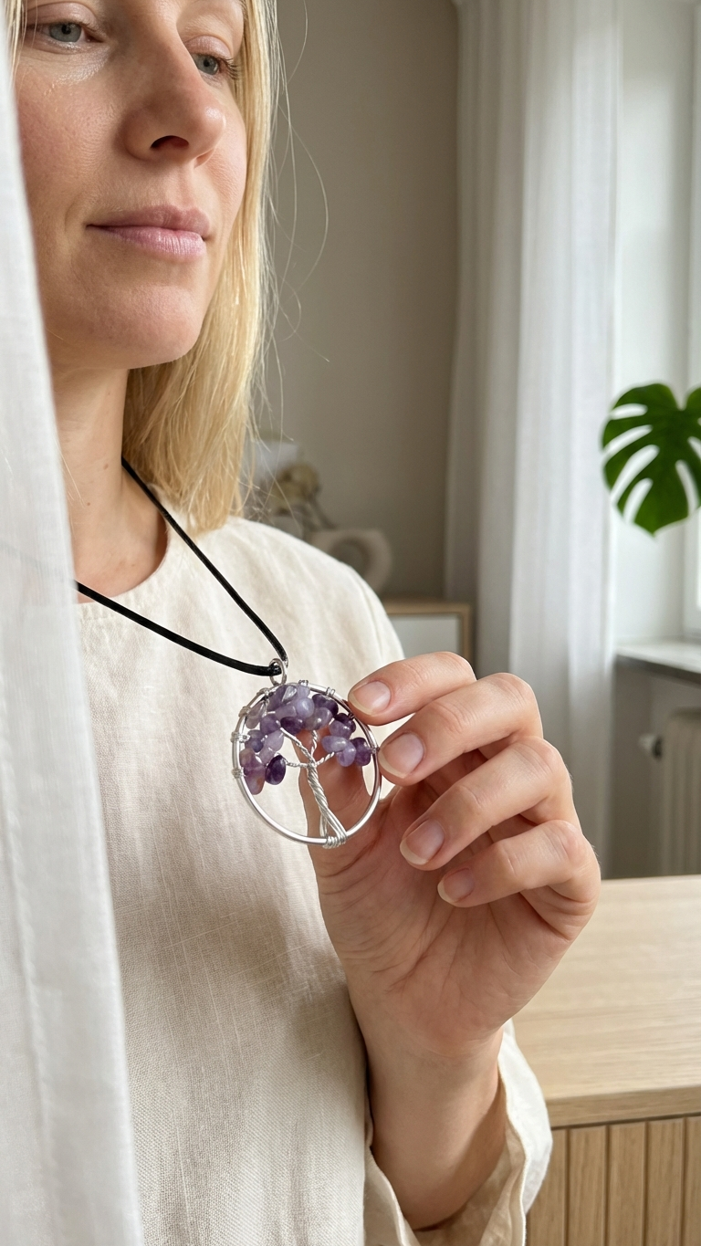 Person som håller det violetta ametisthänget mot en ljus topp