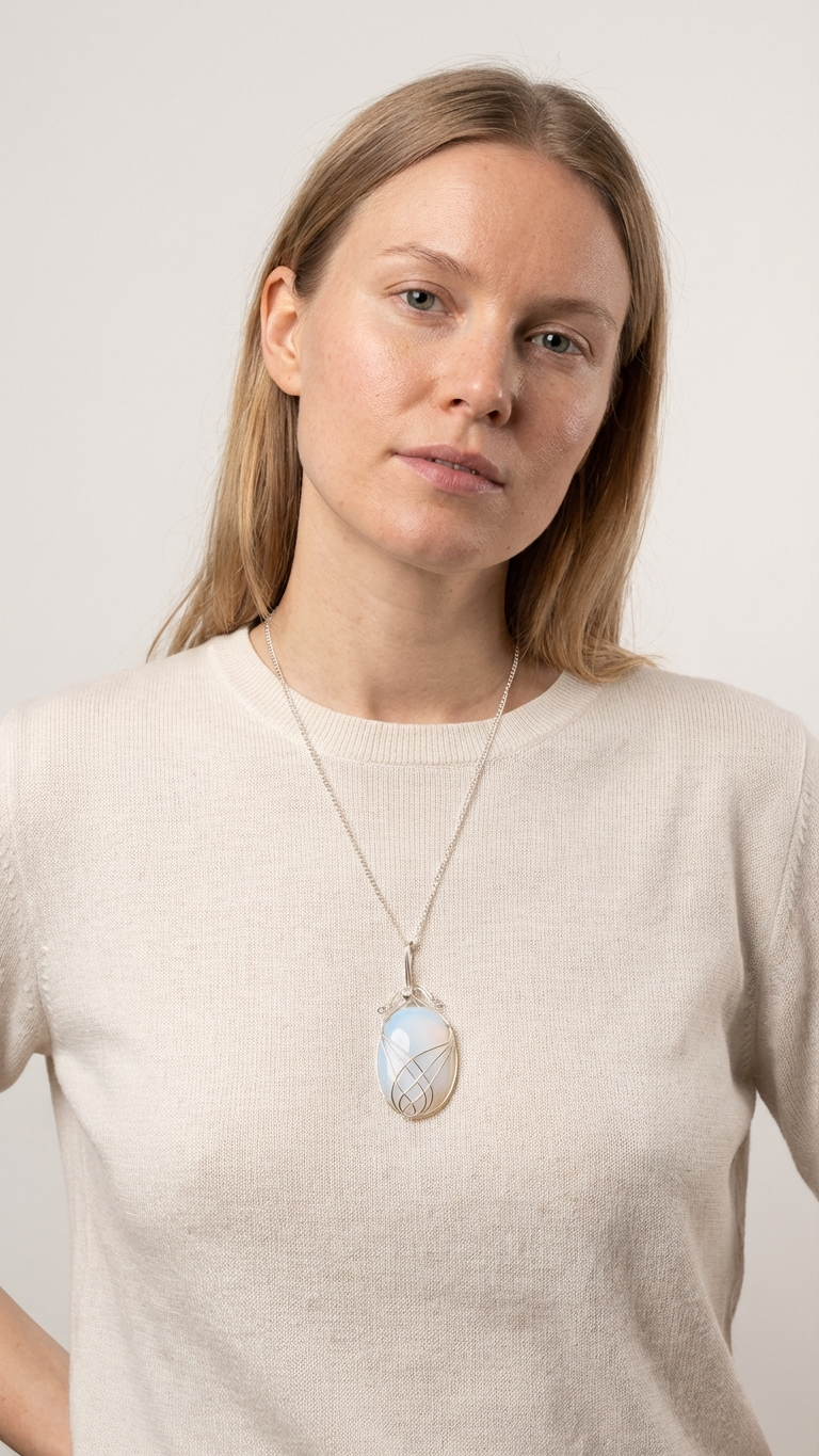 Runt opalithalsband buret mot beige topp