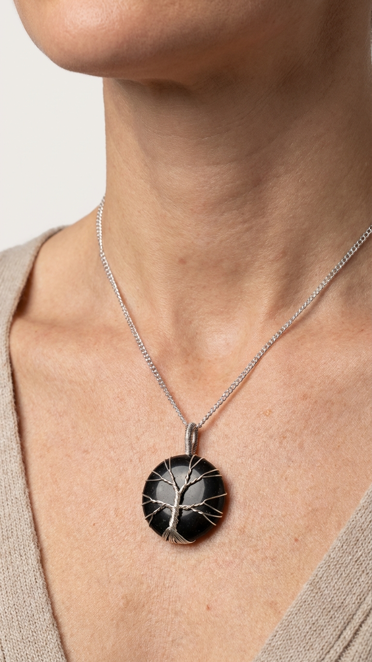 Runt onyxhalsband buret mot beige topp