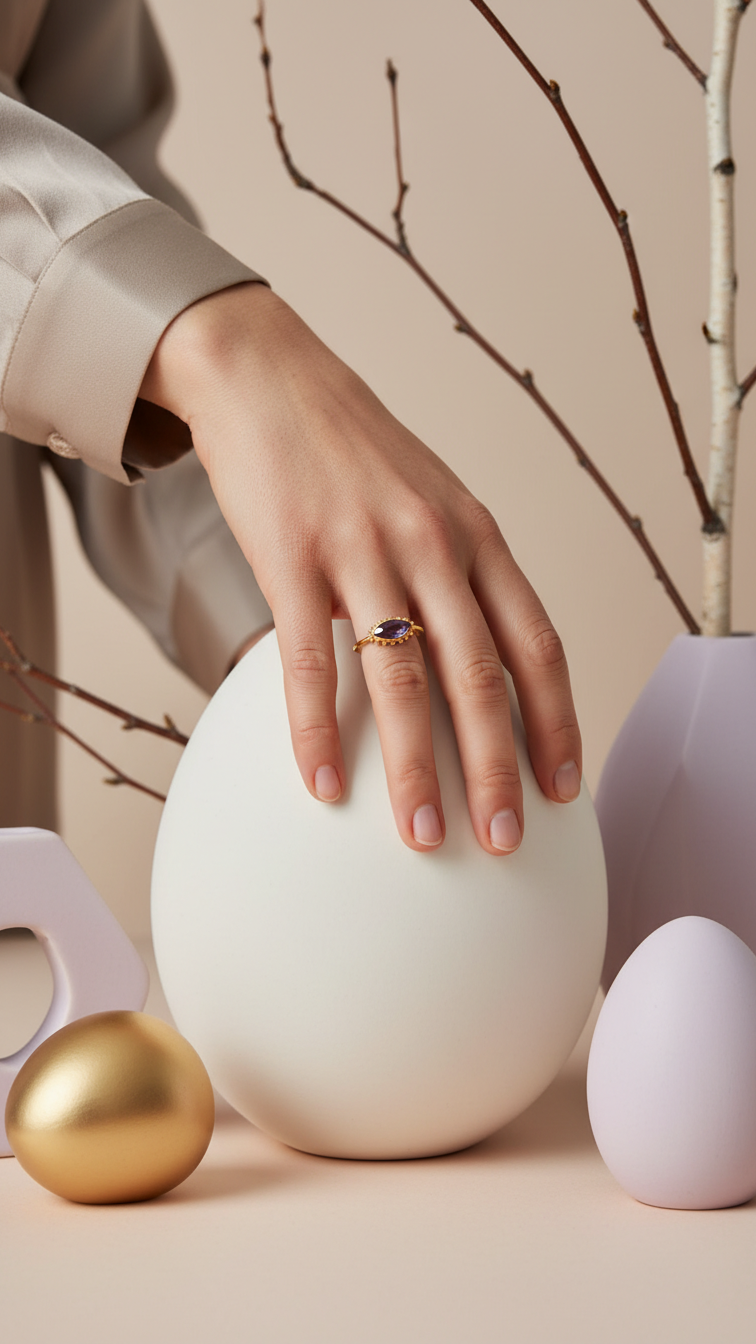 Hand med IRIS-ring i en ljus inredningsmiljö