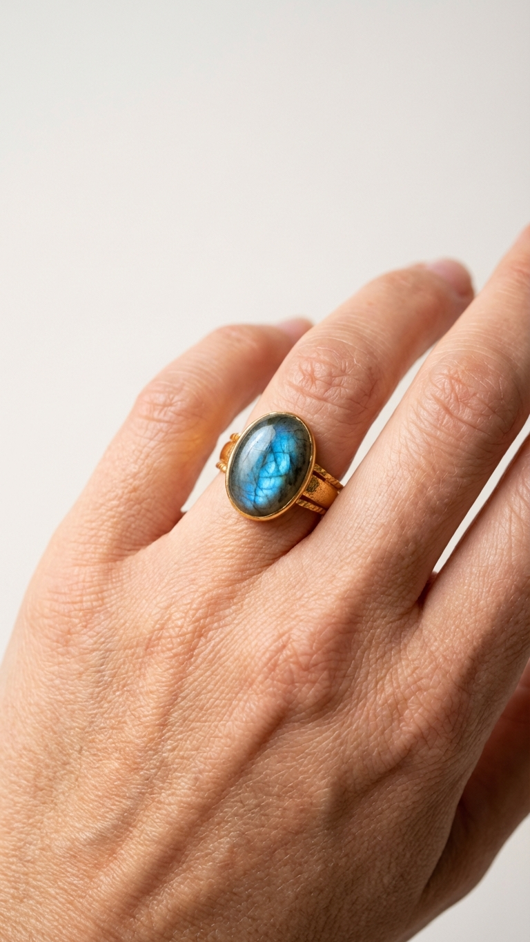 Oval labradoritring buren på finger i närbild