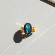 Justerbar ring med oval labradorit fotograferad med skugga