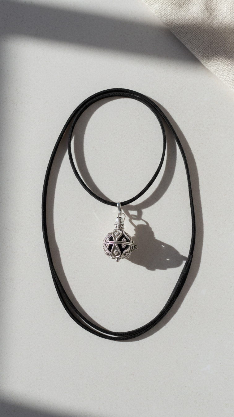 Halsband med silveränglaklocka – mörk design 16 mm