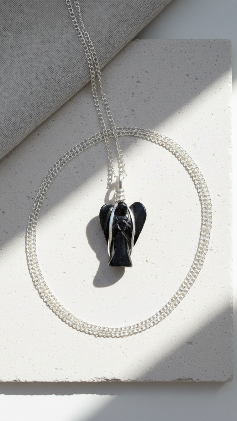 Halsband med svart agat – ängelhänge