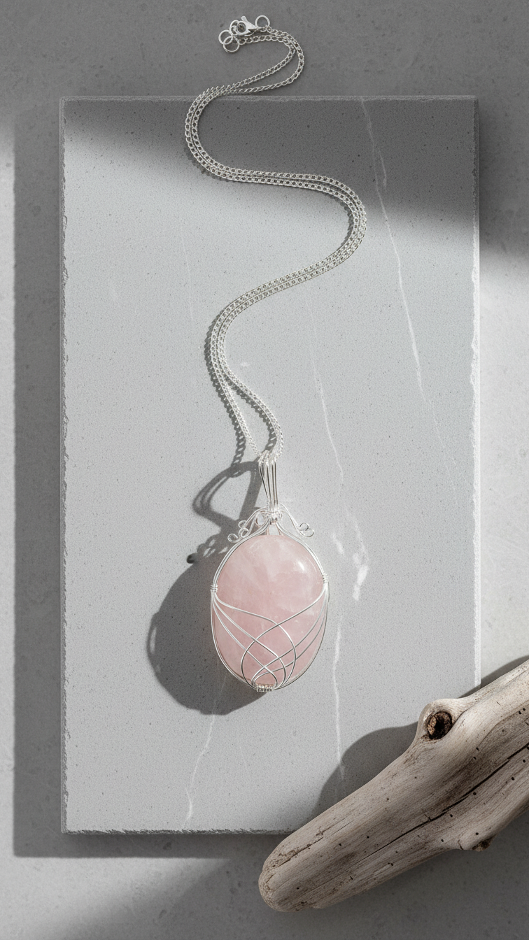 Halsband med rosenkvarts – swirltråd