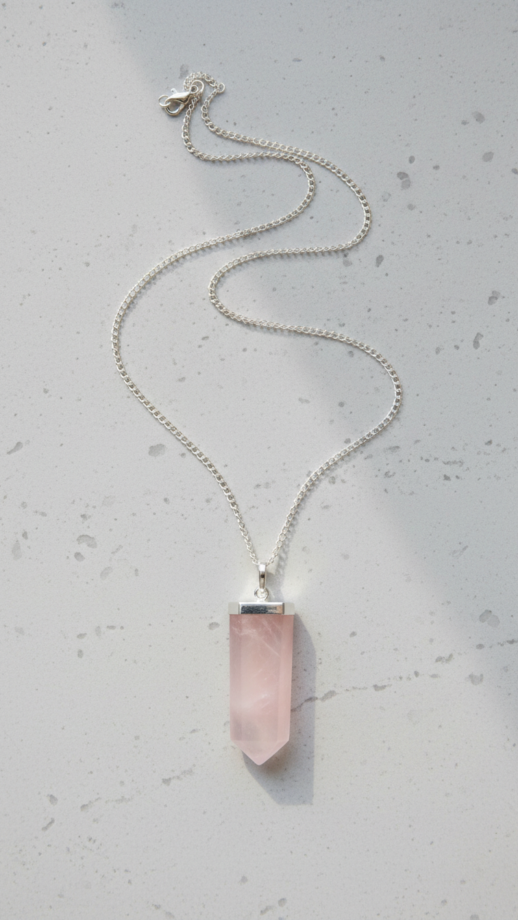 Halsband med rosenkvarts – platt kristallspets