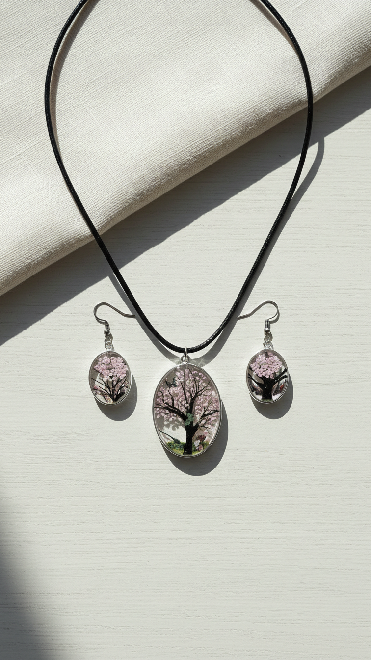 Pressade blommor – Livets träd smyckeset med rosa blommor