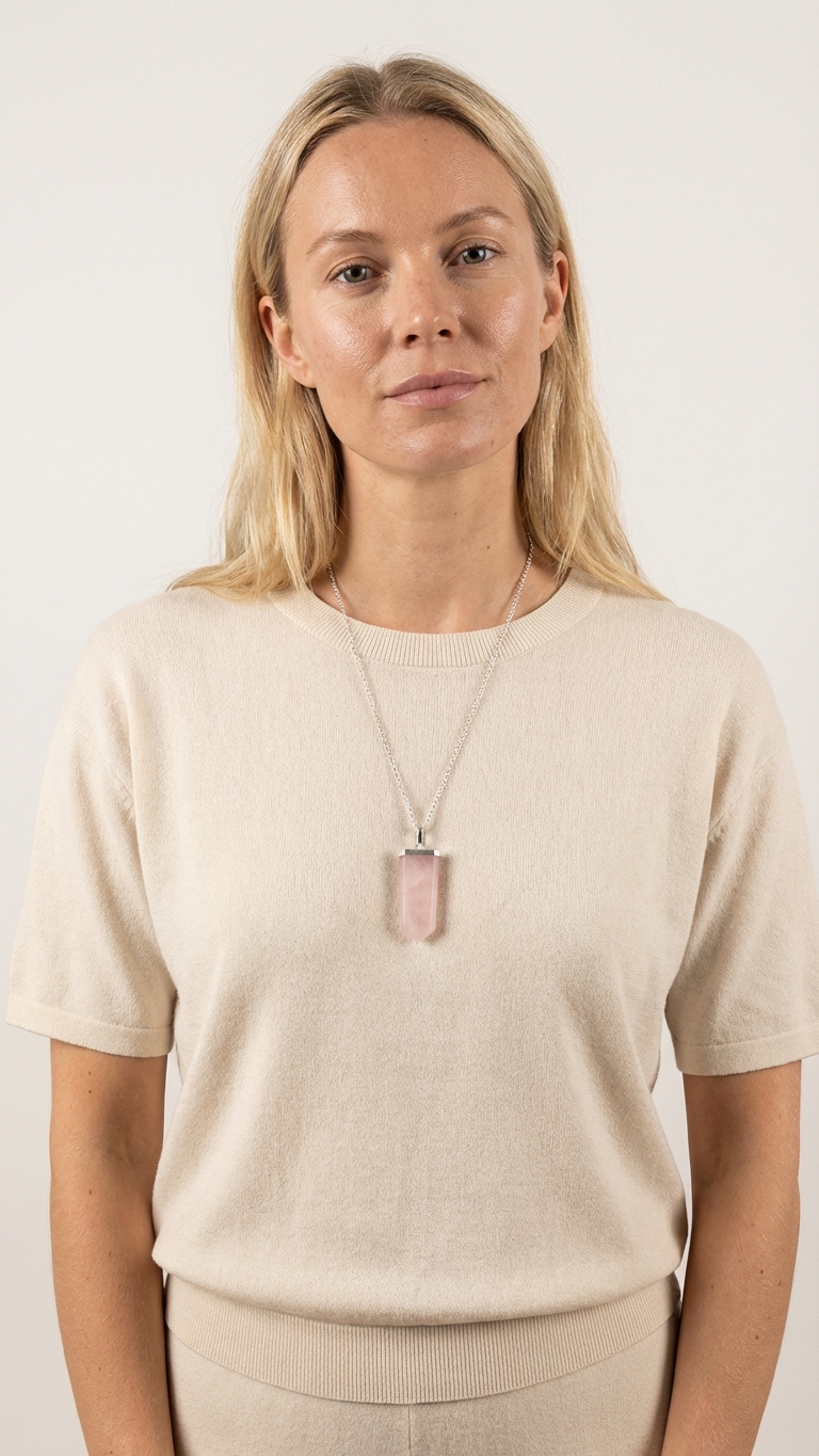 Halsband med rosenkvarts – platt kristallspets