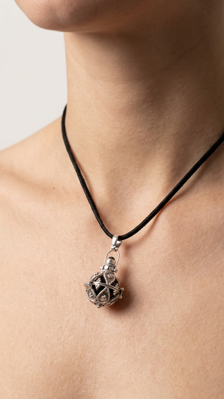 Halsband med silveränglaklocka – mörk design 16 mm