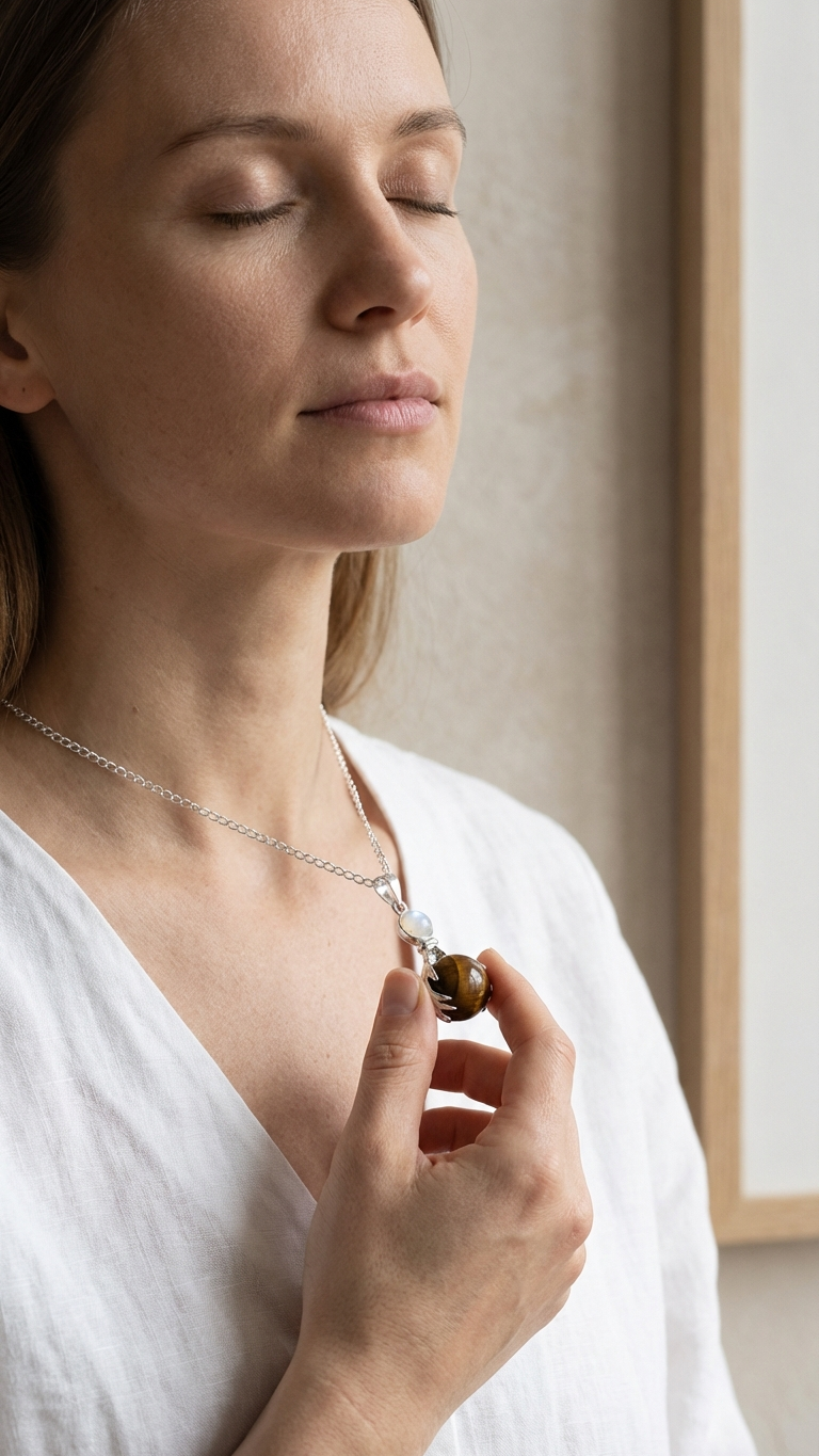Halsband med tigeröga – handformat kristallhänge