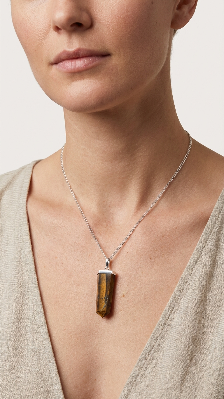 Halsband med tigeröga – platt kristallspets