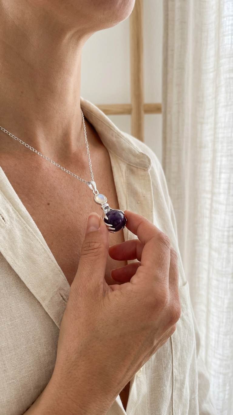Halsband med ametist – handformat kristallhänge