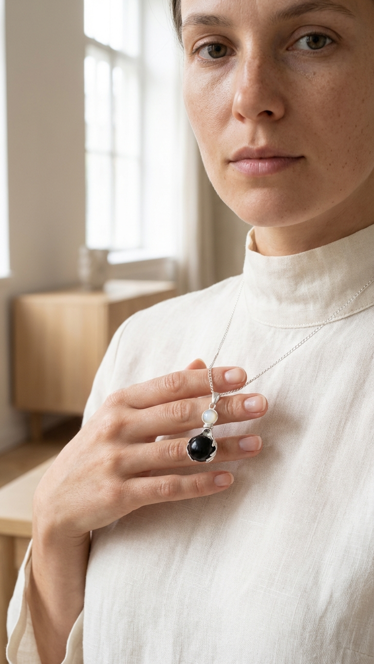 Halsband med svart agat – handformat kristallhänge