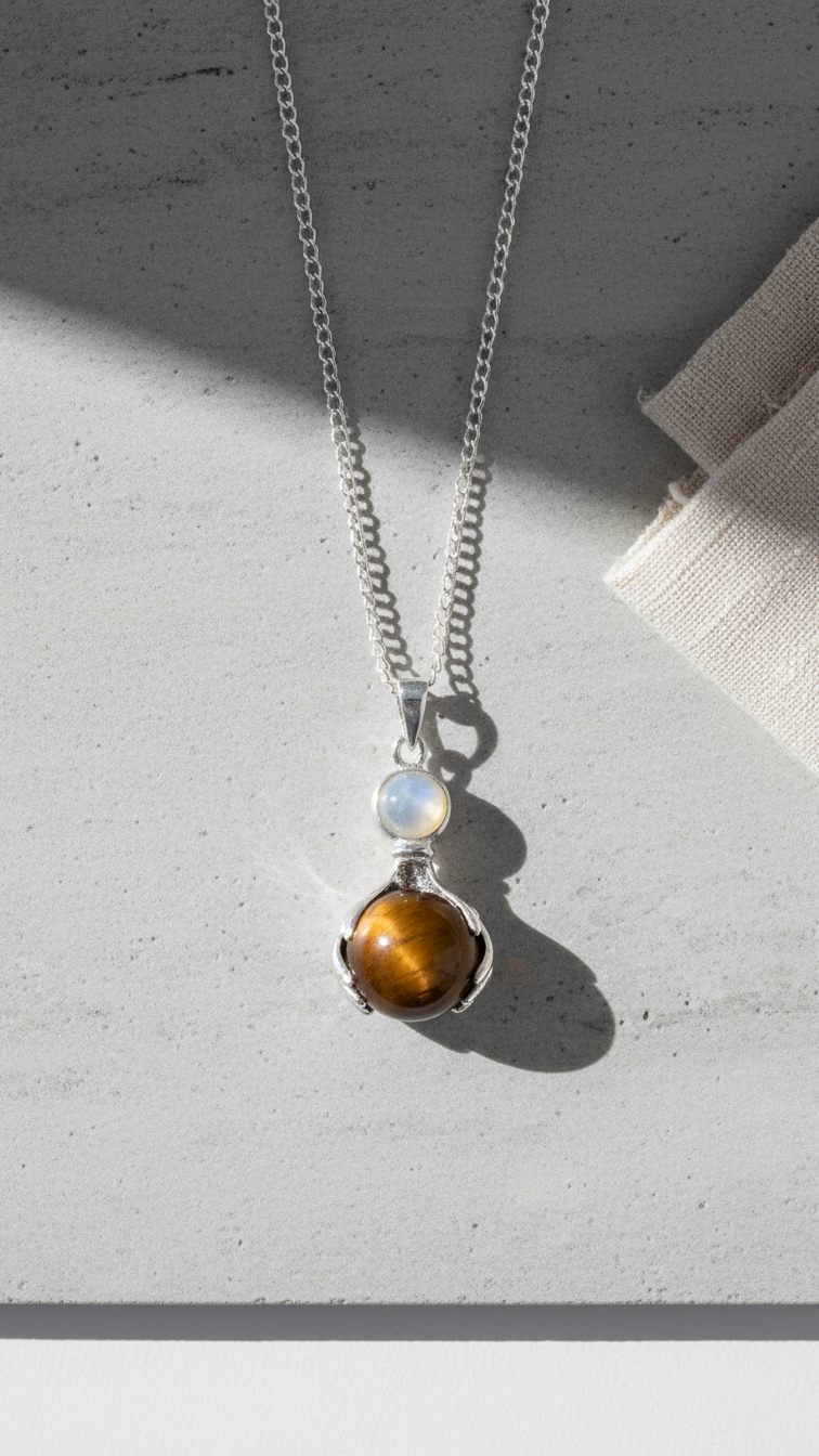 Halsband med tigeröga – handformat kristallhänge