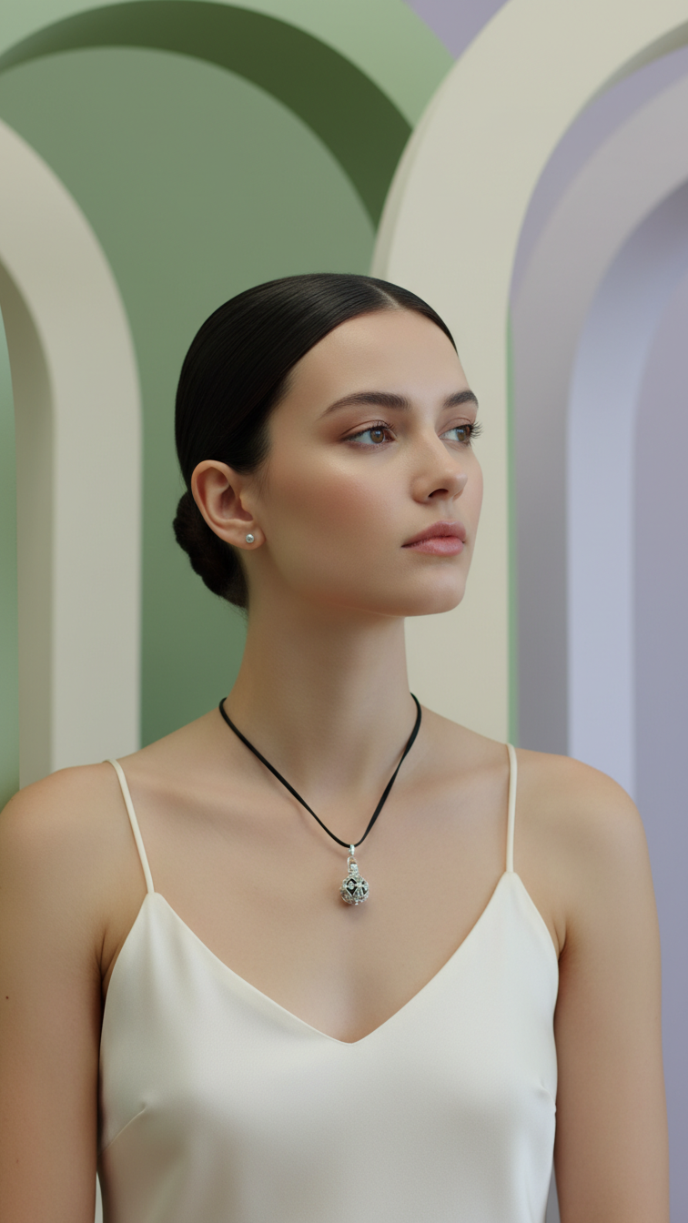 Halsband med silveränglaklocka – mörk design 16 mm
