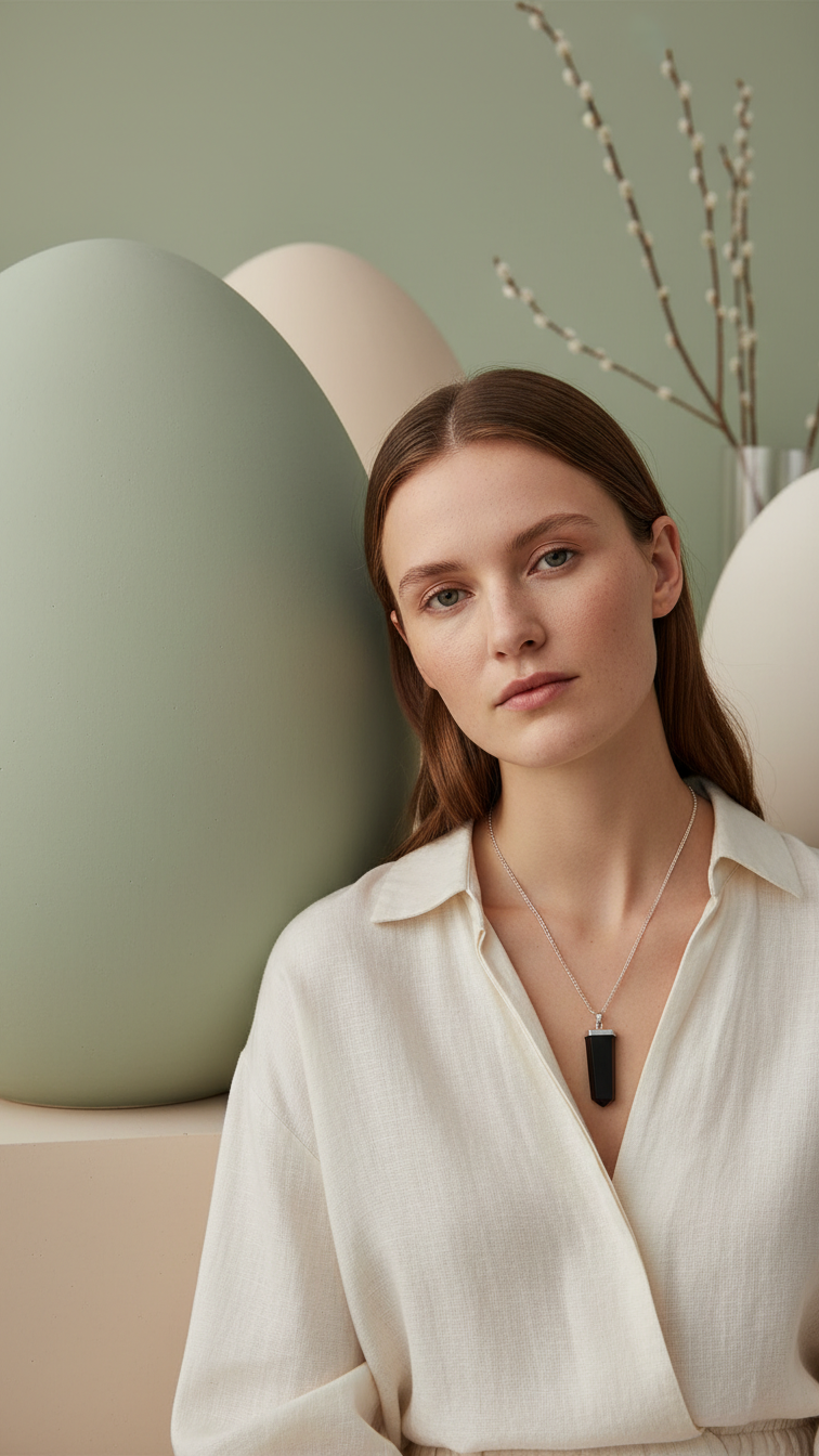 Halsband med svart agat – platt kristallspets