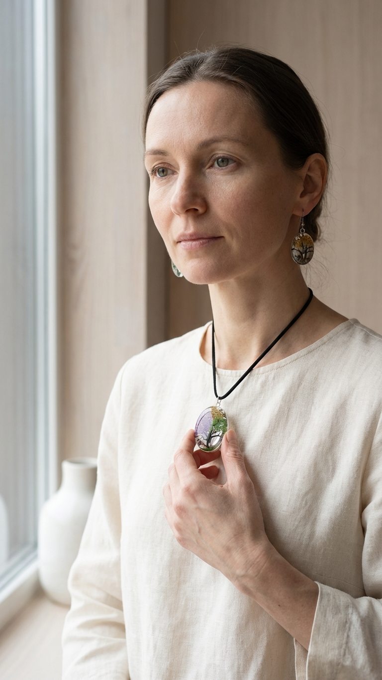 Närbild av färgglatt Livets träd-halsband på modell