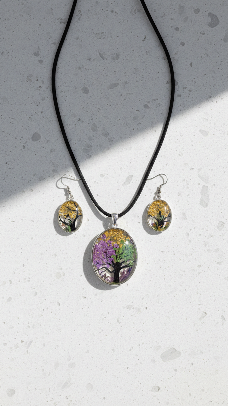 Halsband och örhängen med färgglada pressade blommor på ljus textil