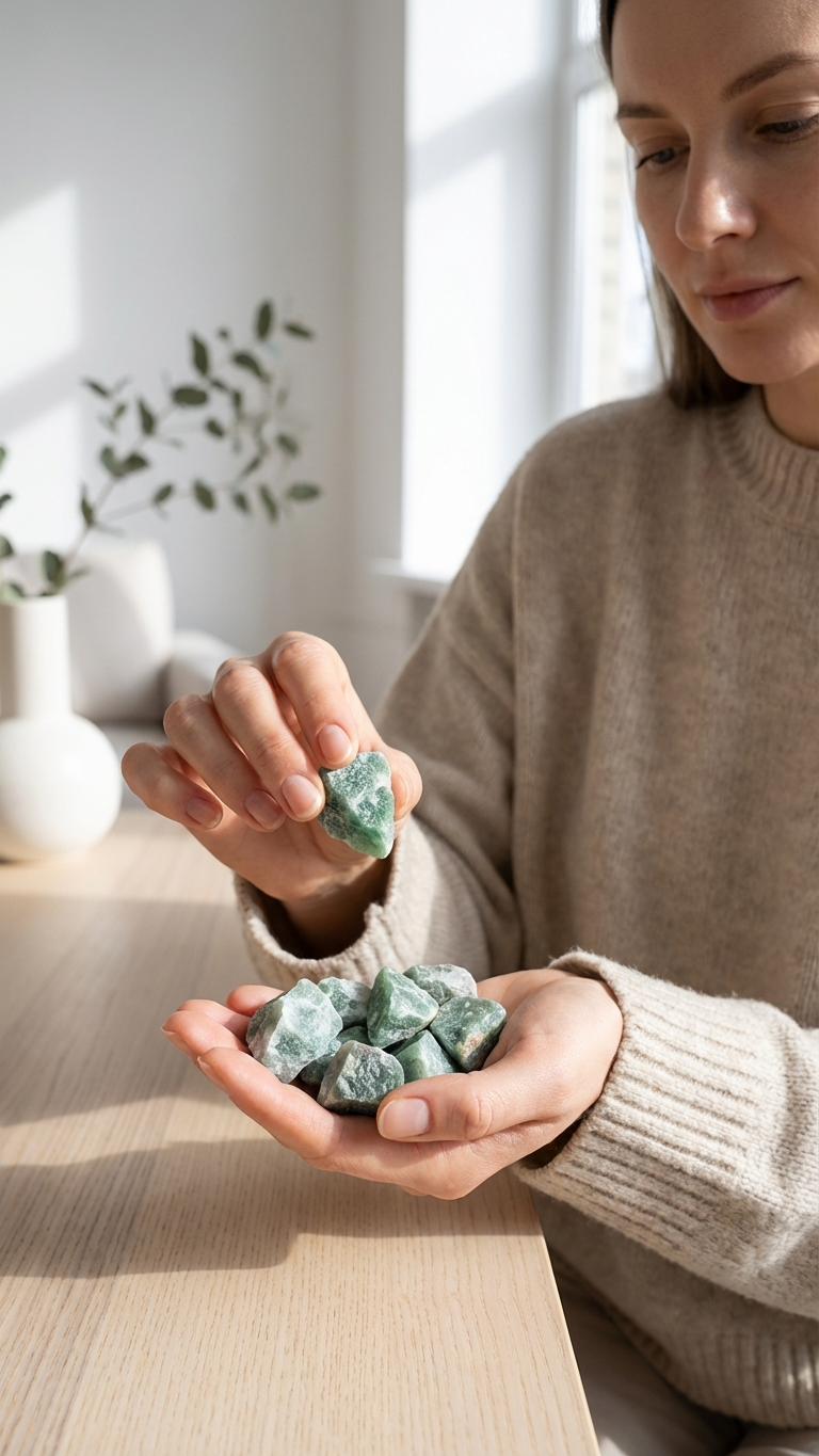 Rå jade som hälls mellan händer