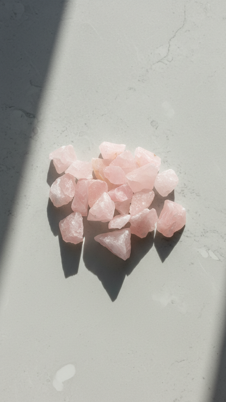 Rå rosenkvarts utlagd på grå yta i solljus