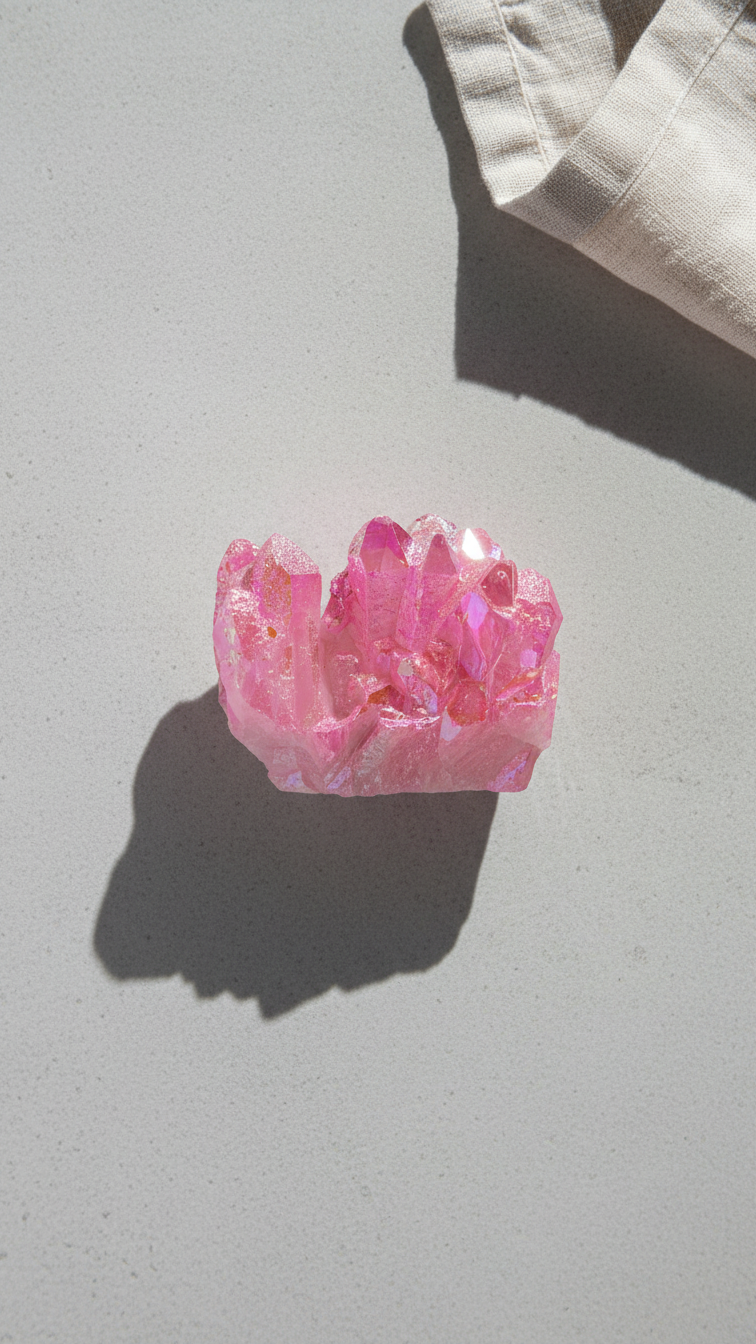 Rosa kvartskluster i direkt ljus med tydlig skugga